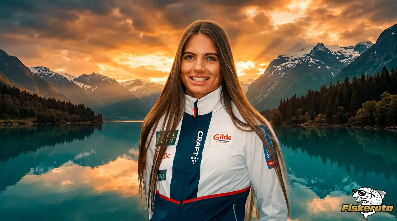 Kristine Stavås Skistad, norsk sprintdronning på ski, ambassadør for Fiskeruta — fjord og fjell i bakgrunnen