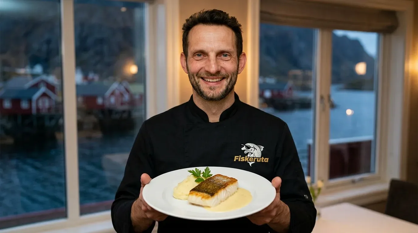 Nicolai Radmer Nielsen, stjernekokk hos Fiskeruta, serverer perfekt stekt torskeloin med smørstekt potet og hvitvinssaus — Lofoten-husene i bakgrunnen