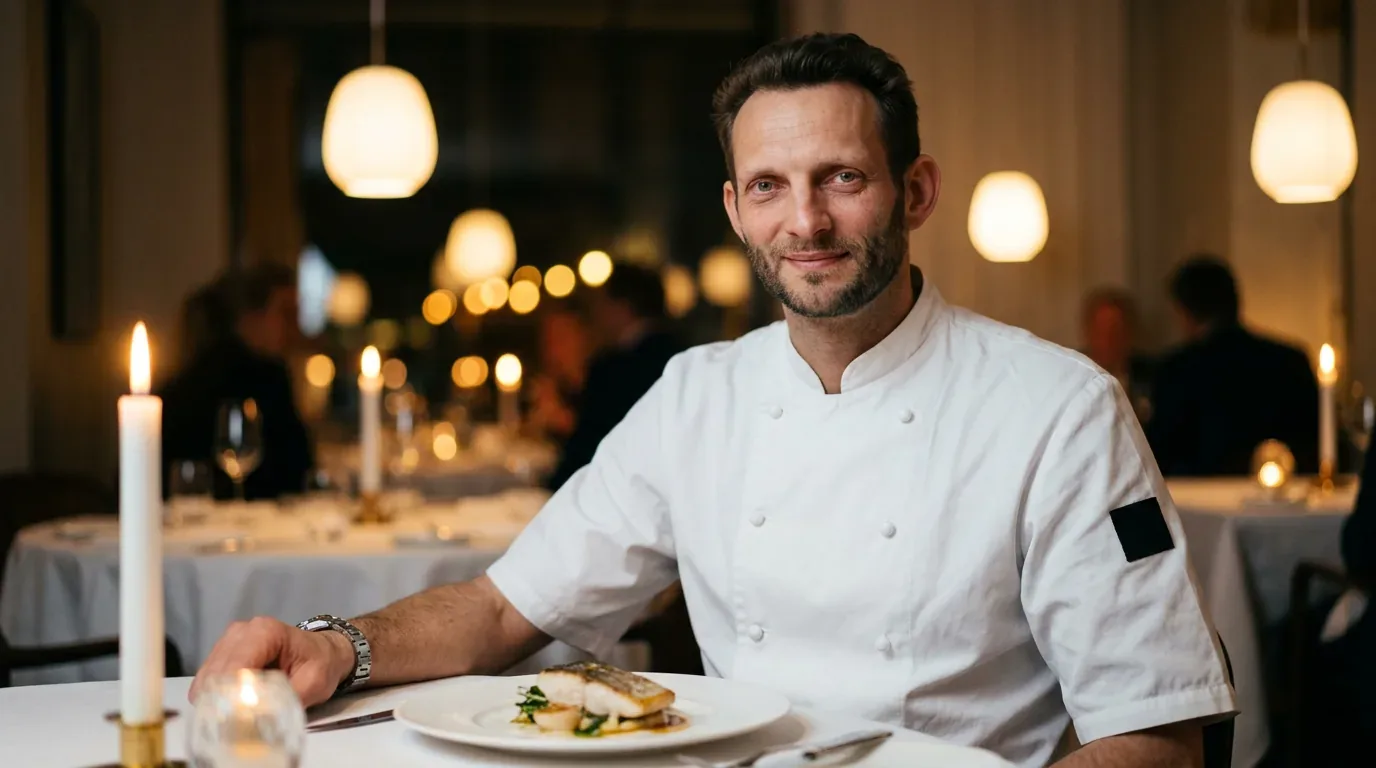 Nicolai Radmer Nielsen, stjernekokk og torskeekspert hos Fiskeruta, fotografert i restaurantmiljø